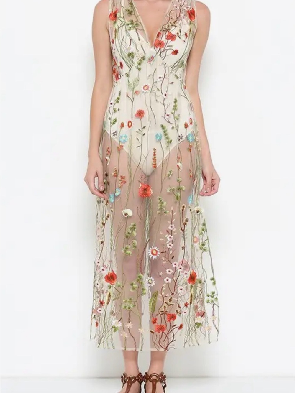 Illa Illa Embroidered Ivory Floral Sheer Maxi Dress